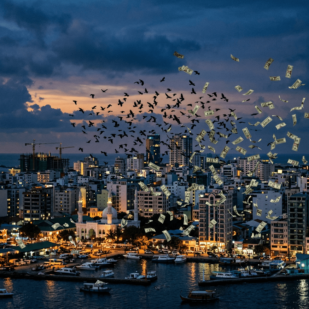 City skyline at sunset with birds flying and currency notes scattered in the sky